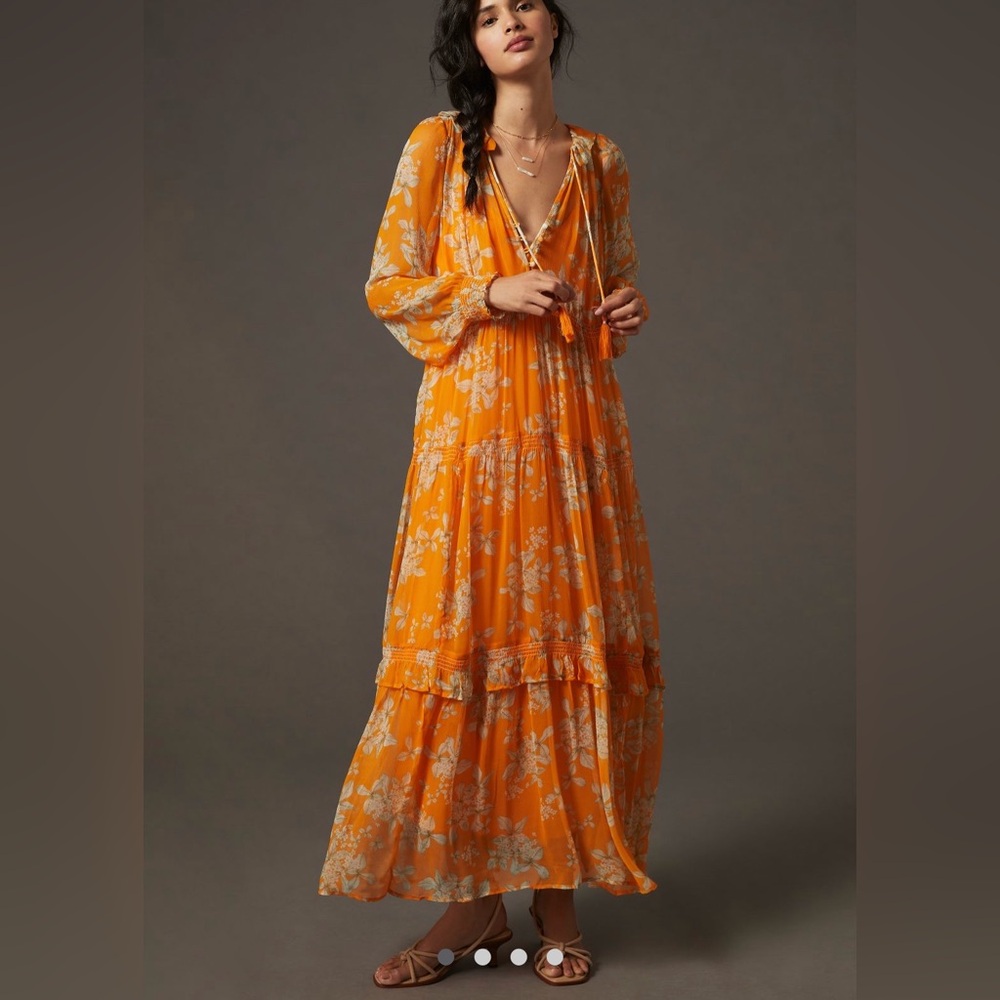 Anthro Somerset Maxi Dress Marais Print Orange Floral Size M